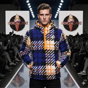 The North Face Men’s Blue, Orange & Black Plaid Fleece Hoodie